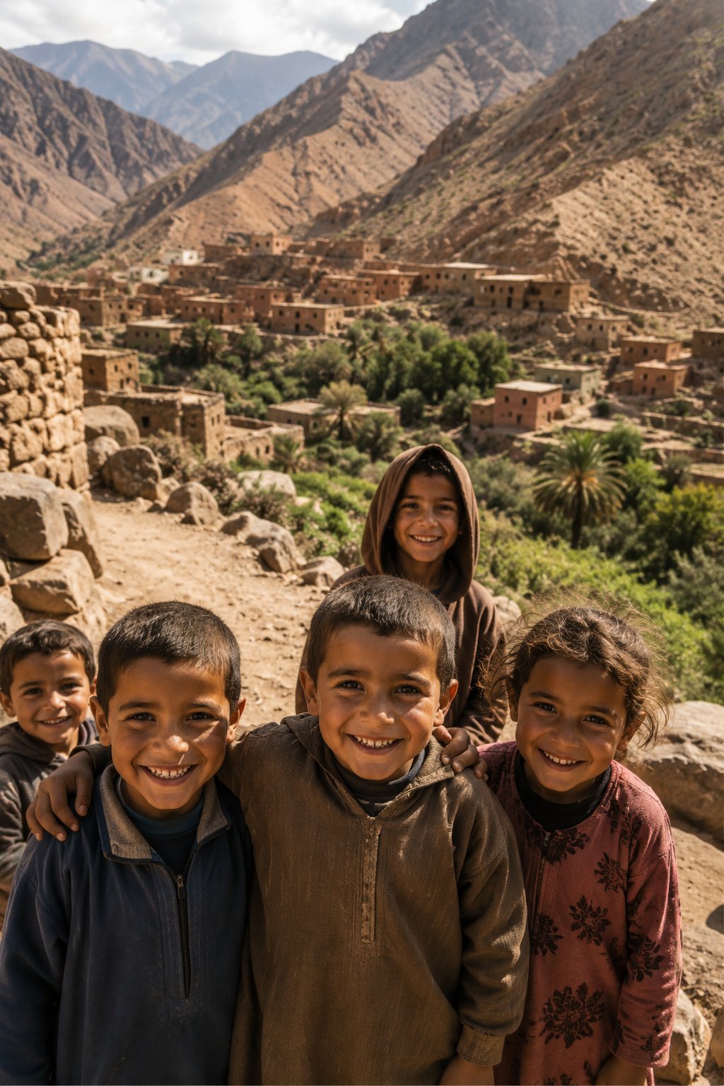 Enfants souriants devant un village berbère traditionnel dans les montagnes de l'Atlas, près d'Agadir au Maroc
